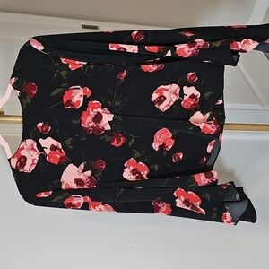 Black and pink floral blouse with bell sleeves size 10‎